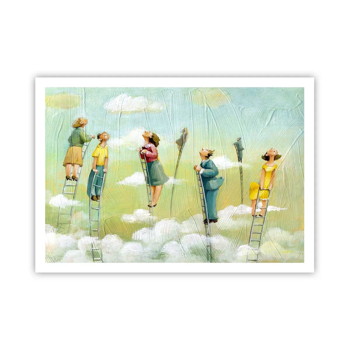 Poster - Figuren, die auf pastellfarbenem Hintergrund zwischen Wolken Leitern hochklettern. - 100x70cm - Hinter deinem Traum - Moderne Wanddekoration für Wohnzimmer und Schlafzimmer ARTTOR