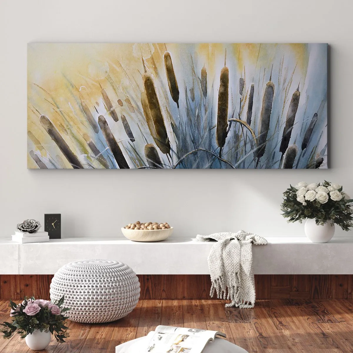Bild auf Leinwand - Leinwandbild - Malerisches Schilf in den Sonnenstrahlen - 140x50cm - Die Kälte des Wassers, die Hitze der Sonne - Moderne Wanddekoration für Wohnzimmer und Schlafzimmer ARTTOR