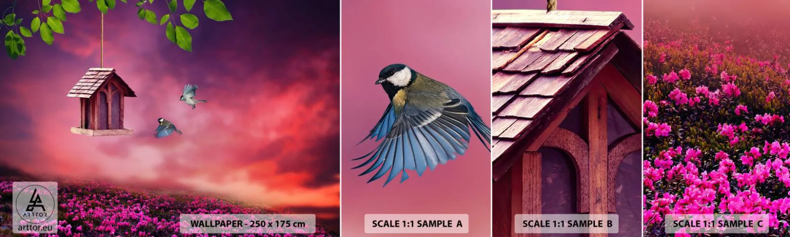 Fototapetenmuster Standard Eco - Einladung zum Abendessen - Landschaft, Blumen, Vogelhaus - 100x30 cm