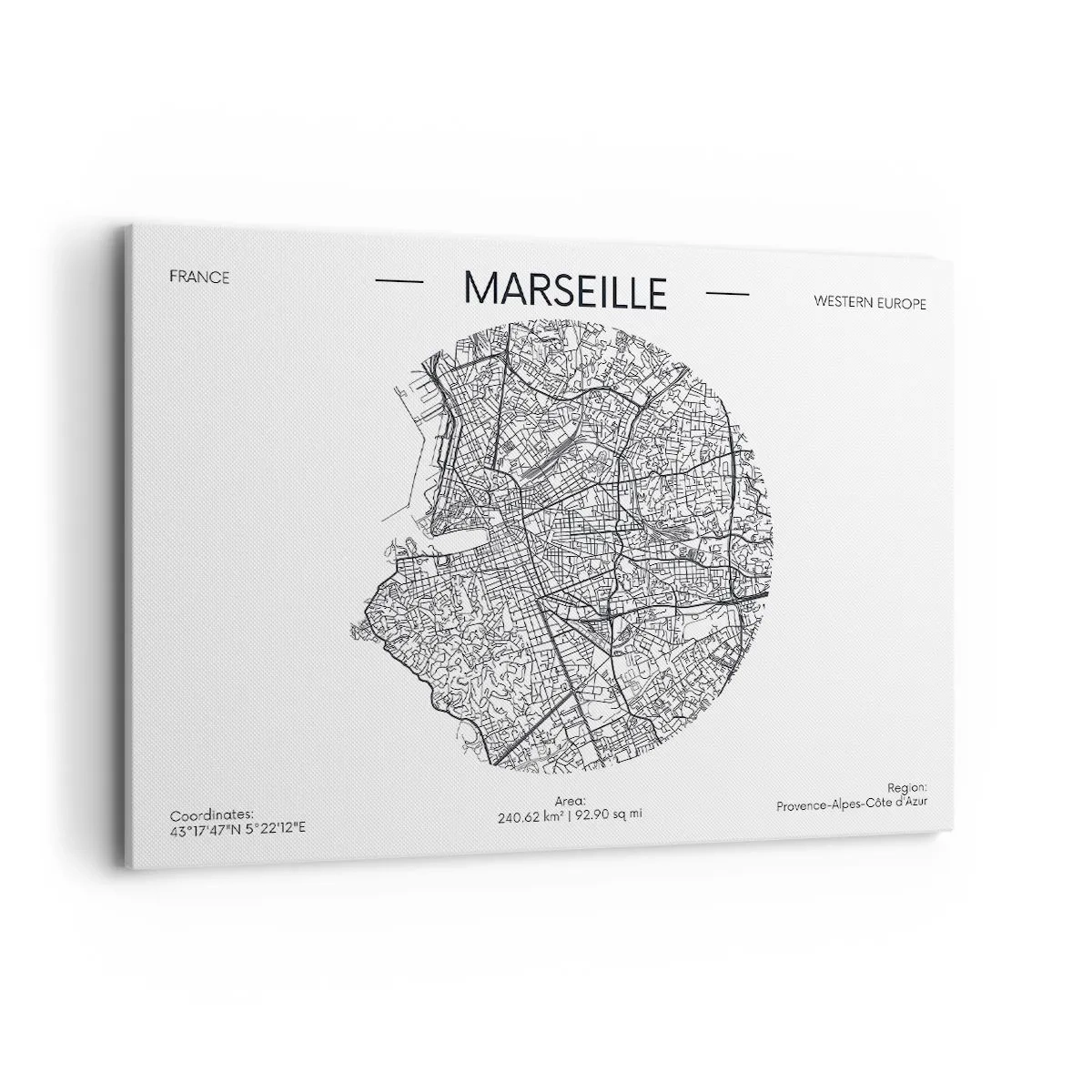 Bild auf Leinwand - Leinwandbild - Karte von Marseille im minimalistischen Stil - 100x70cm - Anatomie von Marseille - Moderne Wanddekoration für Wohnzimmer und Schlafzimmer ARTTOR