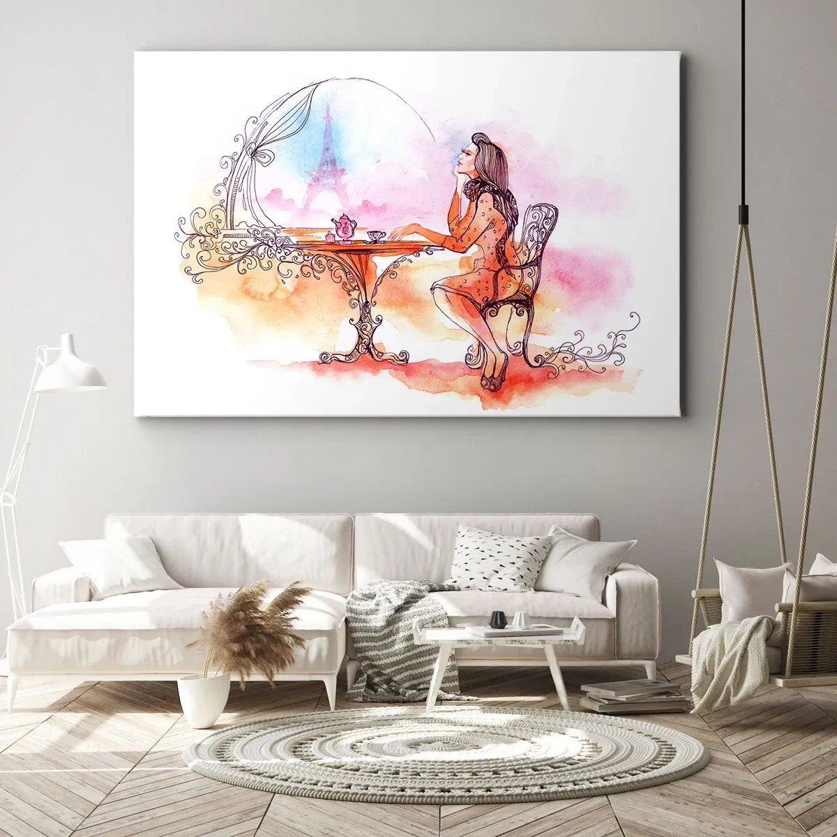 Bild auf Leinwand - Leinwandbild - Romantisches Aquarell einer Frau in einem Café mit Blick auf einen Turm - 120x80cm - Pariser Chic - Moderne Wanddekoration für Wohnzimmer und Schlafzimmer ARTTOR
