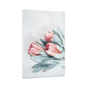 Glasbild - Bild auf glas - Dezente rosa Protea-Blüten auf hellem Hintergrund - 70x100cm - Schämen sich für ihre eigene Schönheit - Moderne Wanddekoration für Wohnzimmer und Schlafzimmer ARTTOR