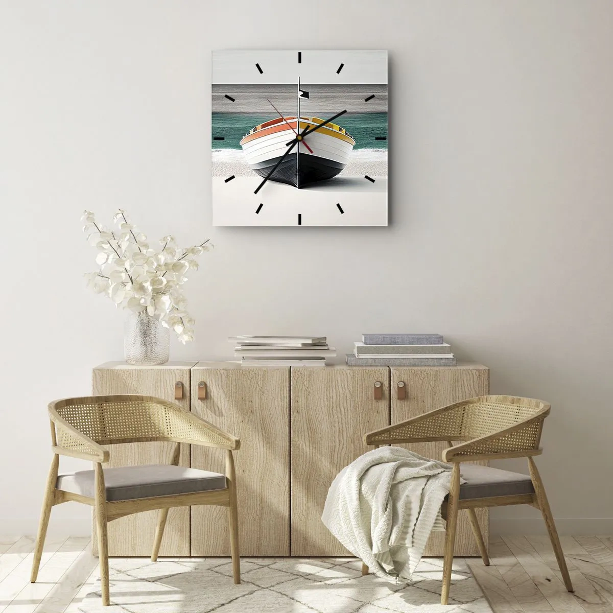 Wanduhr - Glasuhr - Ein Boot am Strand mit türkisfarbenem Meer im Hintergrund - 30x30cm - An seinem Platz - Moderne Wanddekoration für Wohnzimmer und Schlafzimmer ARTTOR