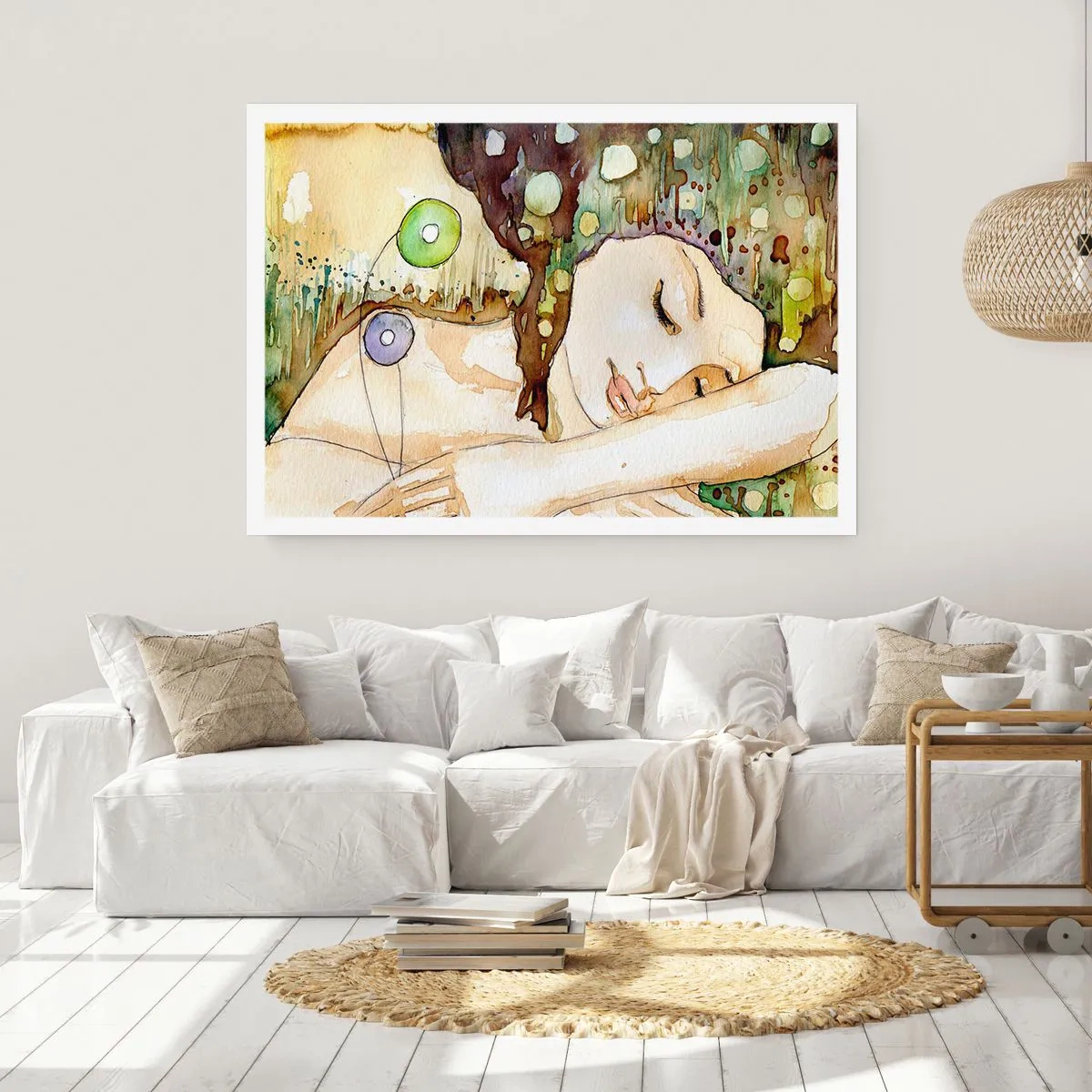 Poster - Eine träumende Frau, umgeben von abstrakten Formen und Farben. - 100x70cm - Ein smaragd-violetter Traum - Moderne Wanddekoration für Wohnzimmer und Schlafzimmer ARTTOR