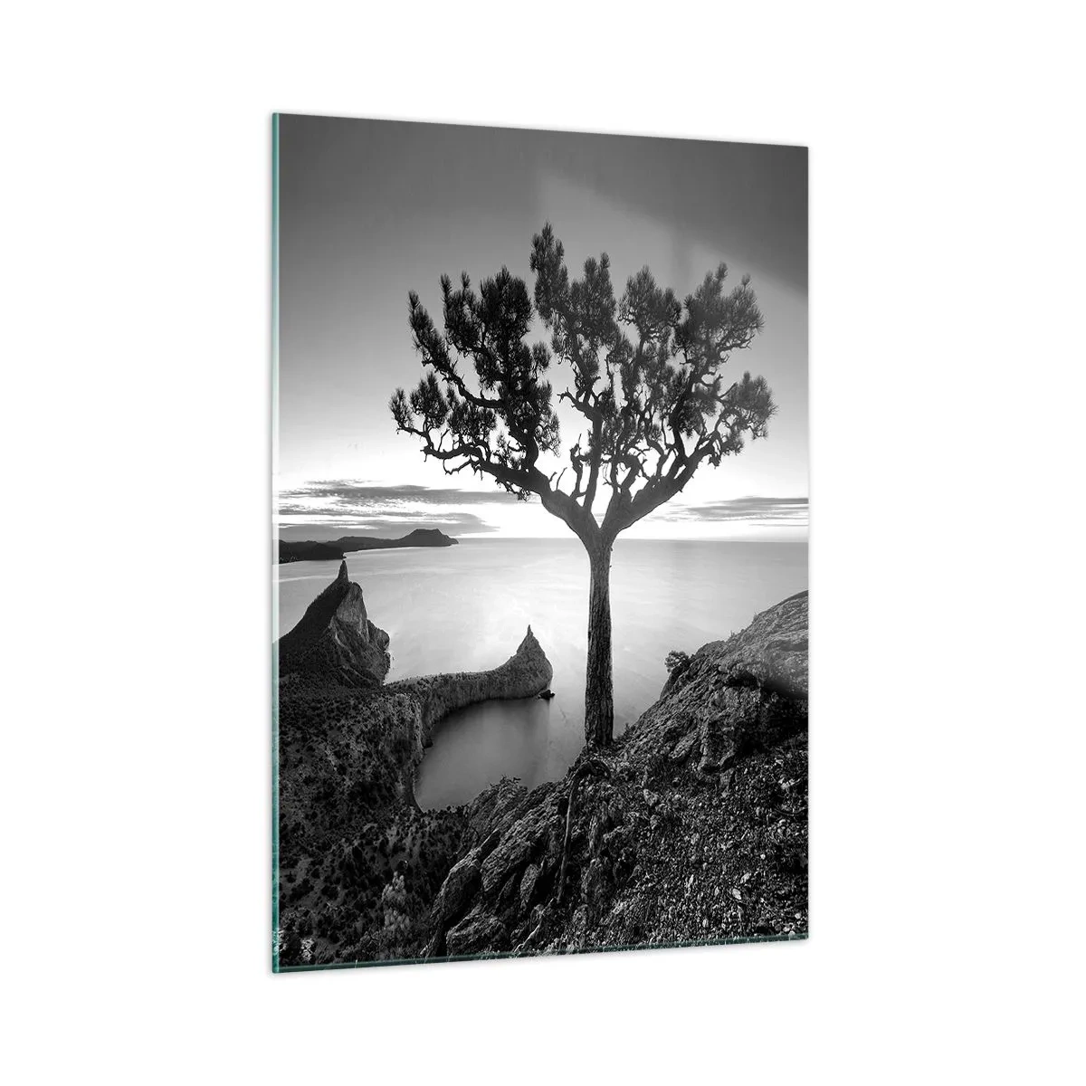Glasbild - Bild auf glas - Ein Baum auf einer Klippe mit Blick auf die Bucht - 50x70cm - Stille bis zum Horizont - Moderne Wanddekoration für Wohnzimmer und Schlafzimmer ARTTOR
