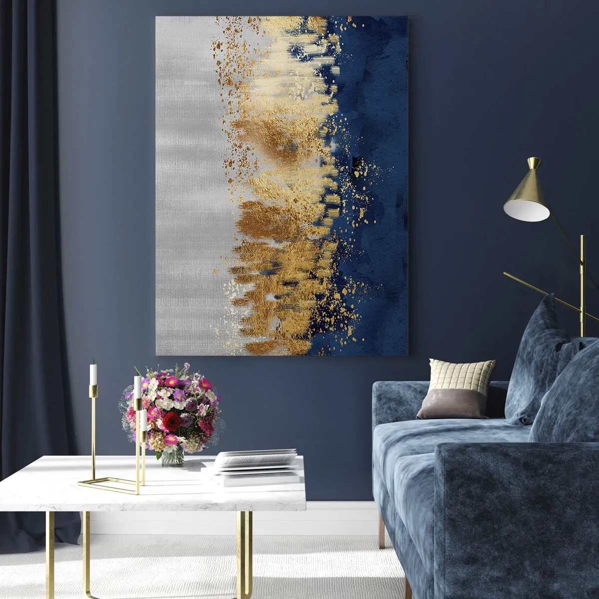 Glasbild - Bild auf glas - Goldene Akzente auf marineblauem und silbernem Hintergrund - 50x70cm - Moderne Komposition mit Glanz - Moderne Wanddekoration für Wohnzimmer und Schlafzimmer ARTTOR