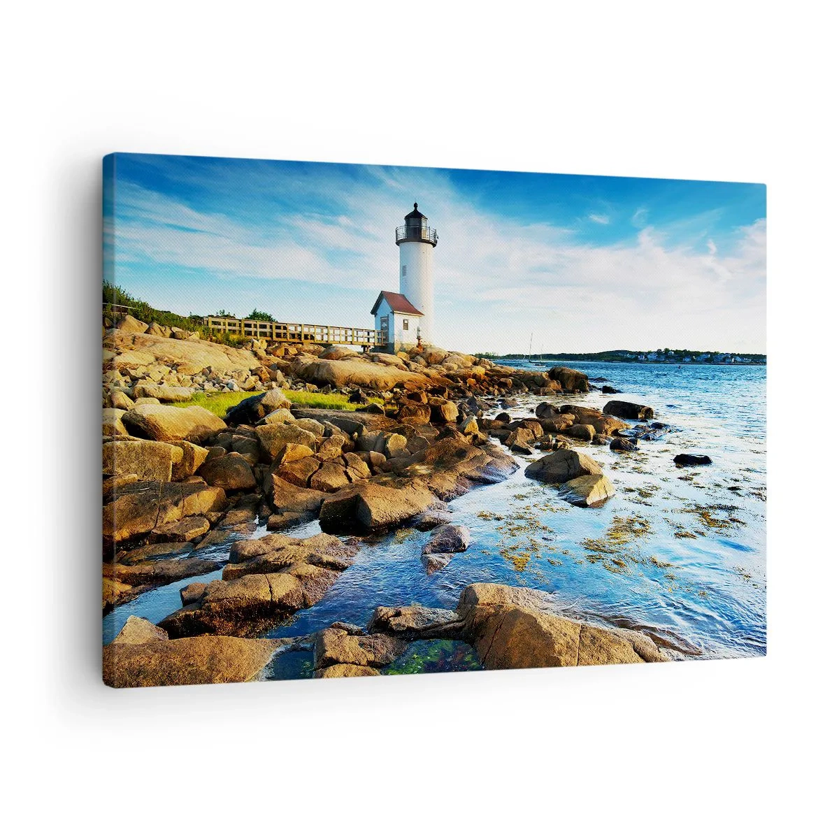 Bild auf Leinwand - Leinwandbild - Ein Leuchtturm an einer felsigen Küste an einem sonnigen Tag - 70x50cm - Komm glücklich zurück, ich warte - Moderne Wanddekoration für Wohnzimmer und Schlafzimmer ARTTOR