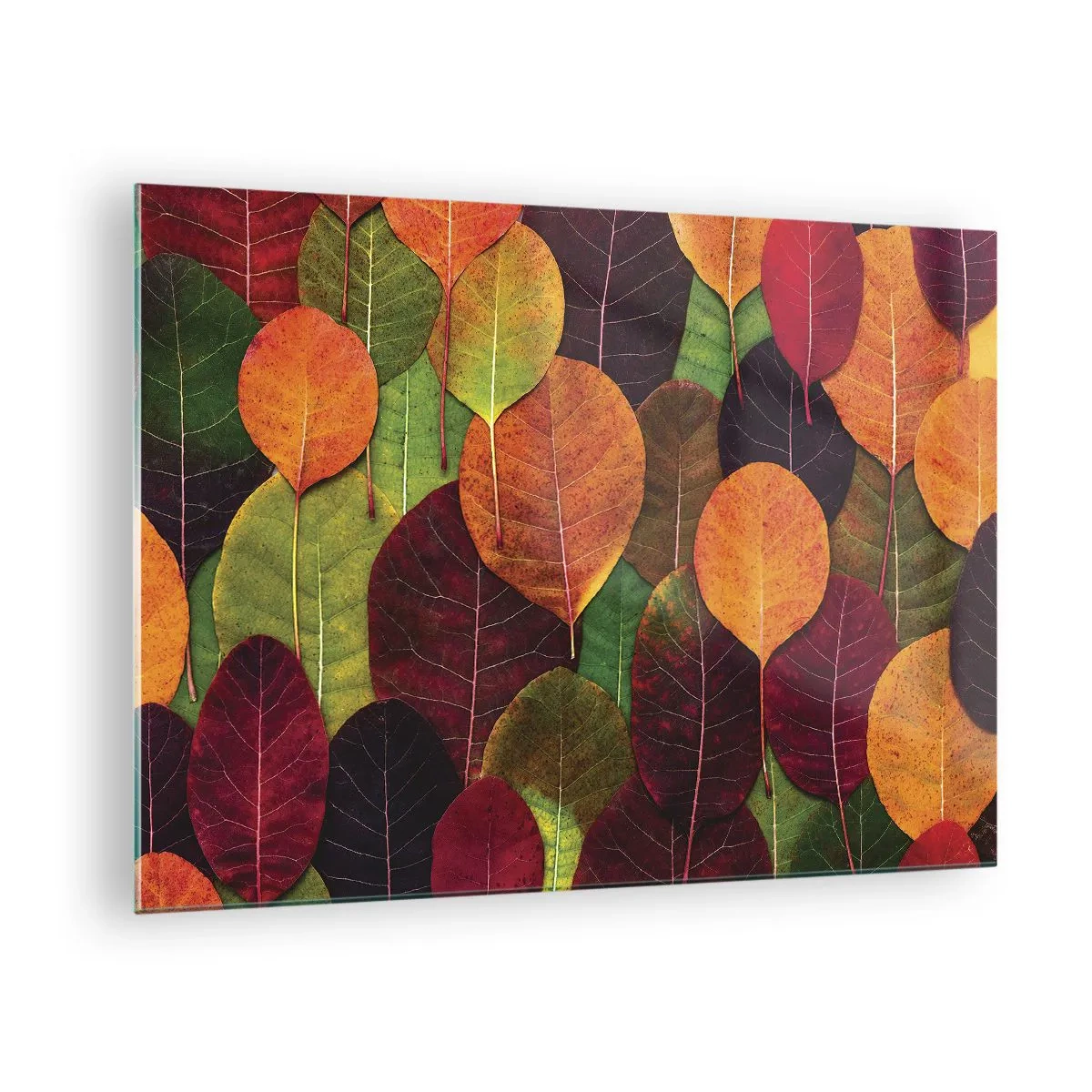 Glasbild - Bild auf glas - Bunte Herbstblätter kunstvoll arrangiert - 70x50cm - Herbstmosaik - Moderne Wanddekoration für Wohnzimmer und Schlafzimmer ARTTOR