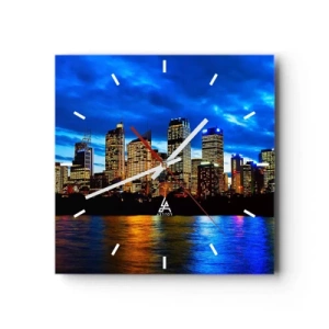 Wanduhr - Glasuhr - Panorama der nächtlichen Stadt mit beleuchteten Wolkenkratzern über dem Wasser - 30x30cm - Eine Nacht der Lichter und Farben - Moderne Wanddekoration für Wohnzimmer und Schlafzimmer ARTTOR