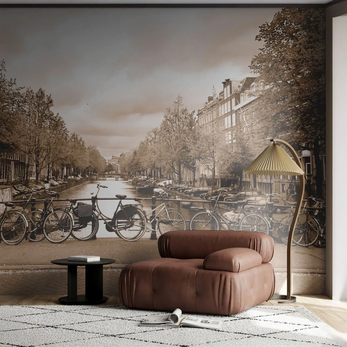 Fototapete Premium Sand - Brücke im Retro-Stil mit Fahrrädern über den Kanal - 100x70cm - Niederländische Atmosphäre - Moderne Wanddekoration für Wohnzimmer und Schlafzimmer ARTTOR