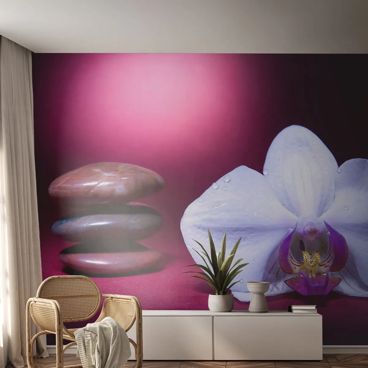 Selbstklebende Fototapete Deluxe Sticker - Eine Studie der Frische in Lila - Blumen, Spa, Steine - 500x350 cm