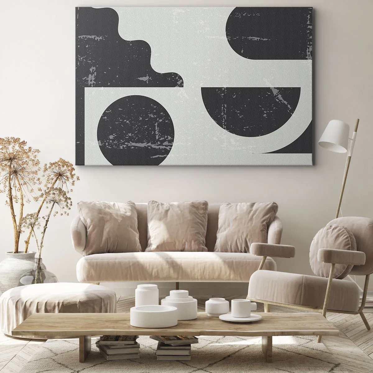 Bild auf Leinwand - Leinwandbild - Geometrische Muster in Schwarz- und Grautönen - 120x80cm - Komposition oben und unten - Moderne Wanddekoration für Wohnzimmer und Schlafzimmer ARTTOR