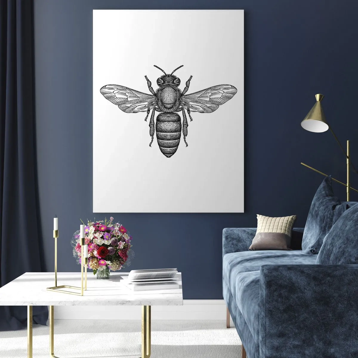 Glasbild - Bild auf glas - Detaillierte Darstellung einer Retro-Biene auf weißem Hintergrund - 50x70cm - Insektenporträt - Moderne Wanddekoration für Wohnzimmer und Schlafzimmer ARTTOR