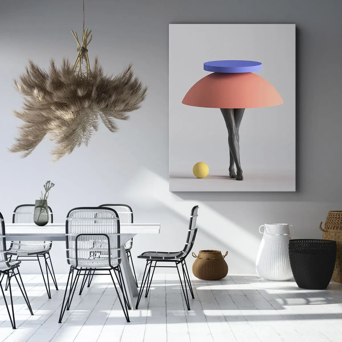 Bild auf Leinwand - Leinwandbild - Abstrakte geometrische Komposition mit Beinen und einem Ball - 50x70cm - Surrealistische Komposition - Moderne Wanddekoration für Wohnzimmer und Schlafzimmer ARTTOR