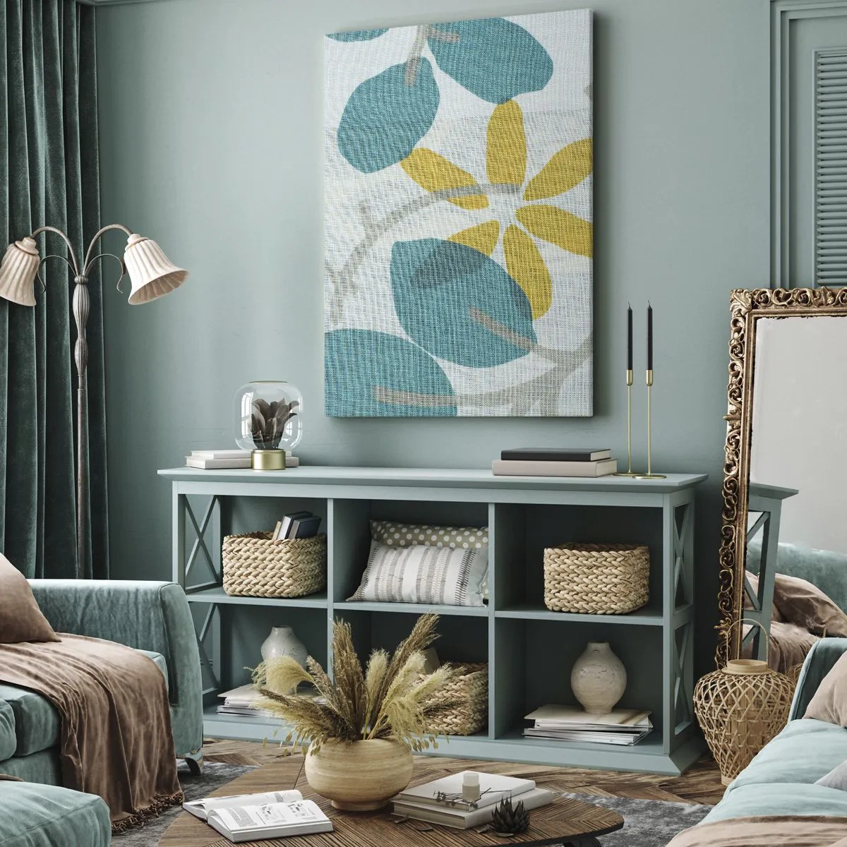 Bild auf Leinwand - Leinwandbild - Blätter in Türkis- und Gelbtönen auf hellem Hintergrund - 50x70cm - Unter den azurblauen Blättern - Moderne Wanddekoration für Wohnzimmer und Schlafzimmer ARTTOR