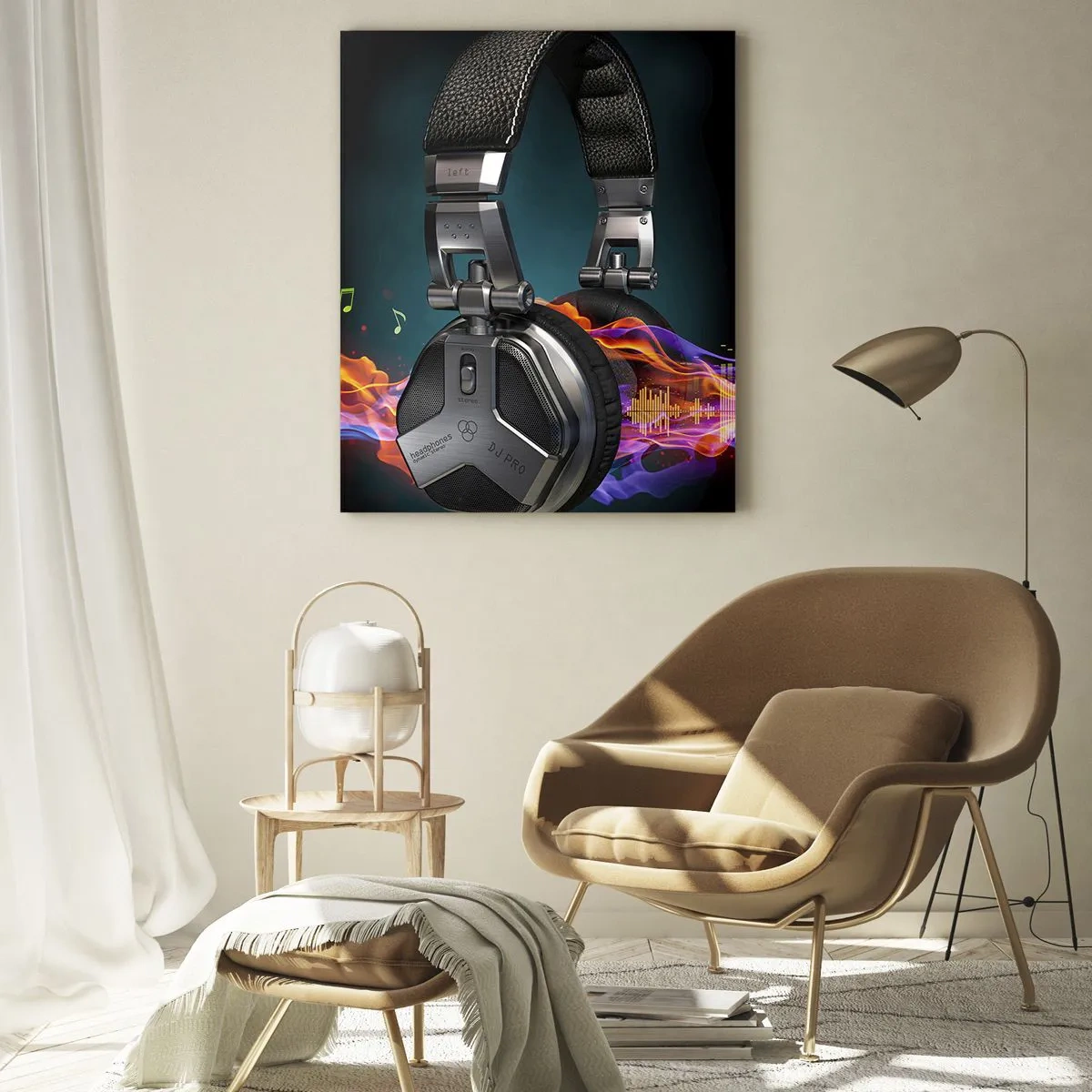 Glasbild - Bild auf glas - Schwarze Kopfhörer mit farbenfrohem Musikvisualisierungseffekt - 70x100cm - Feuer der Musik - Moderne Wanddekoration für Wohnzimmer und Schlafzimmer ARTTOR