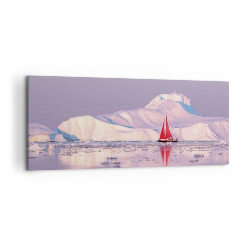Bild auf Leinwand - Leinwandbild - Ein rotes Segel vor der Kulisse eisiger Berge und eines Vollmonds. - 120x50cm - Die Hitze des Segels, die Kälte des Eises - Moderne Wanddekoration für Wohnzimmer und Schlafzimmer ARTTOR
