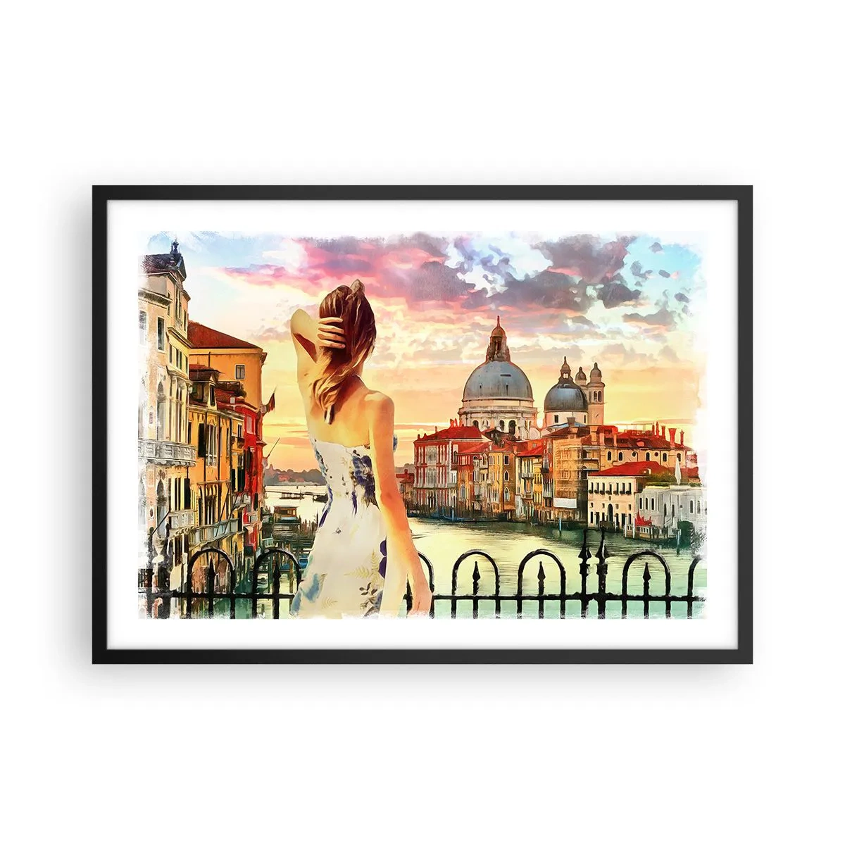 Poster in einem schwarzem Rahmen - Eine Frau bewundert die malerische Landschaft am Kanal - 70x50cm - Als Abenteuer nur in ... - Moderne Wanddekoration für Wohnzimmer und Schlafzimmer ARTTOR