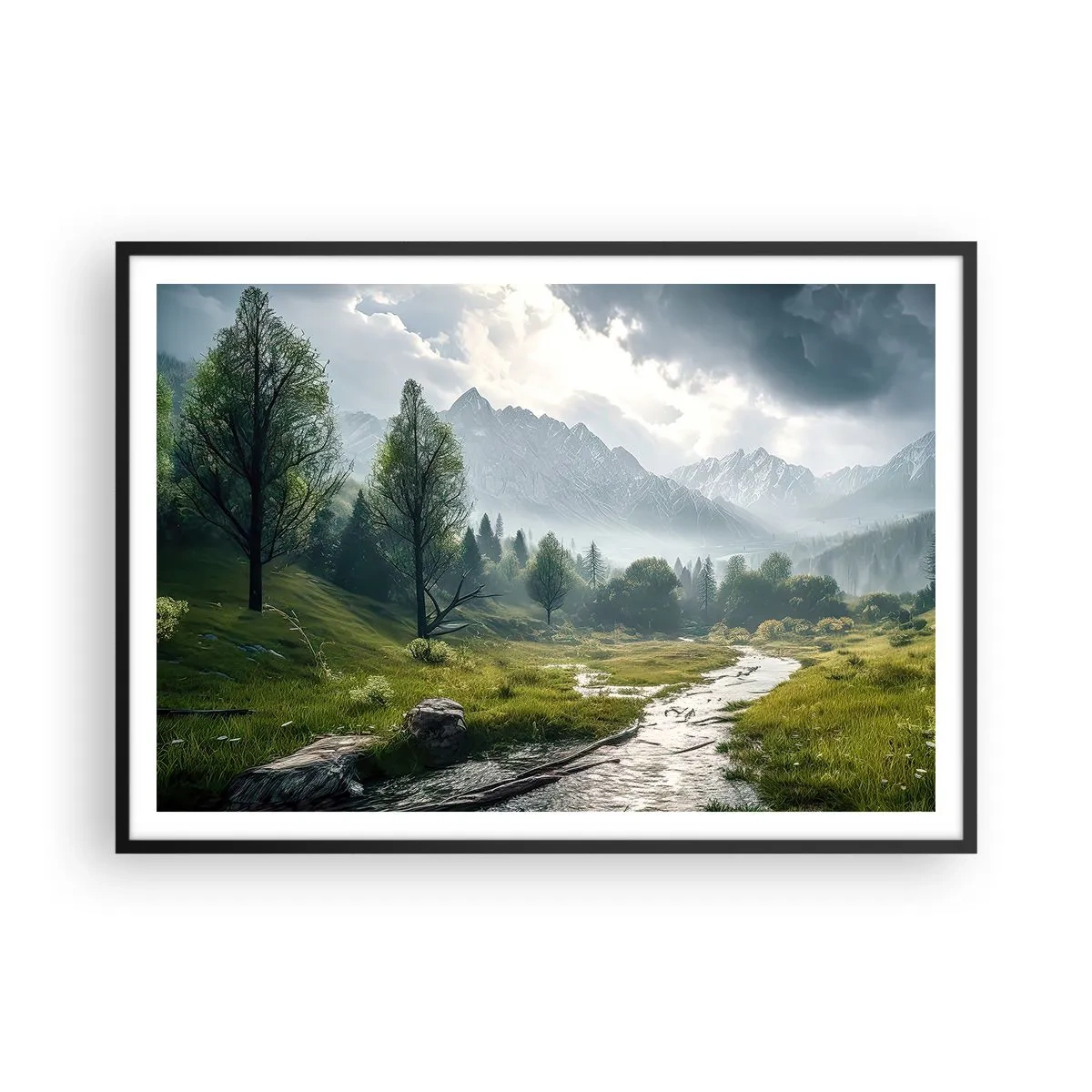 Poster in einem schwarzem Rahmen - Eine Berglandschaft mit einem Fluss und Bäumen, umgeben von nebligen Bergen - 100x70cm - Hin und zurück - Moderne Wanddekoration für Wohnzimmer und Schlafzimmer ARTTOR