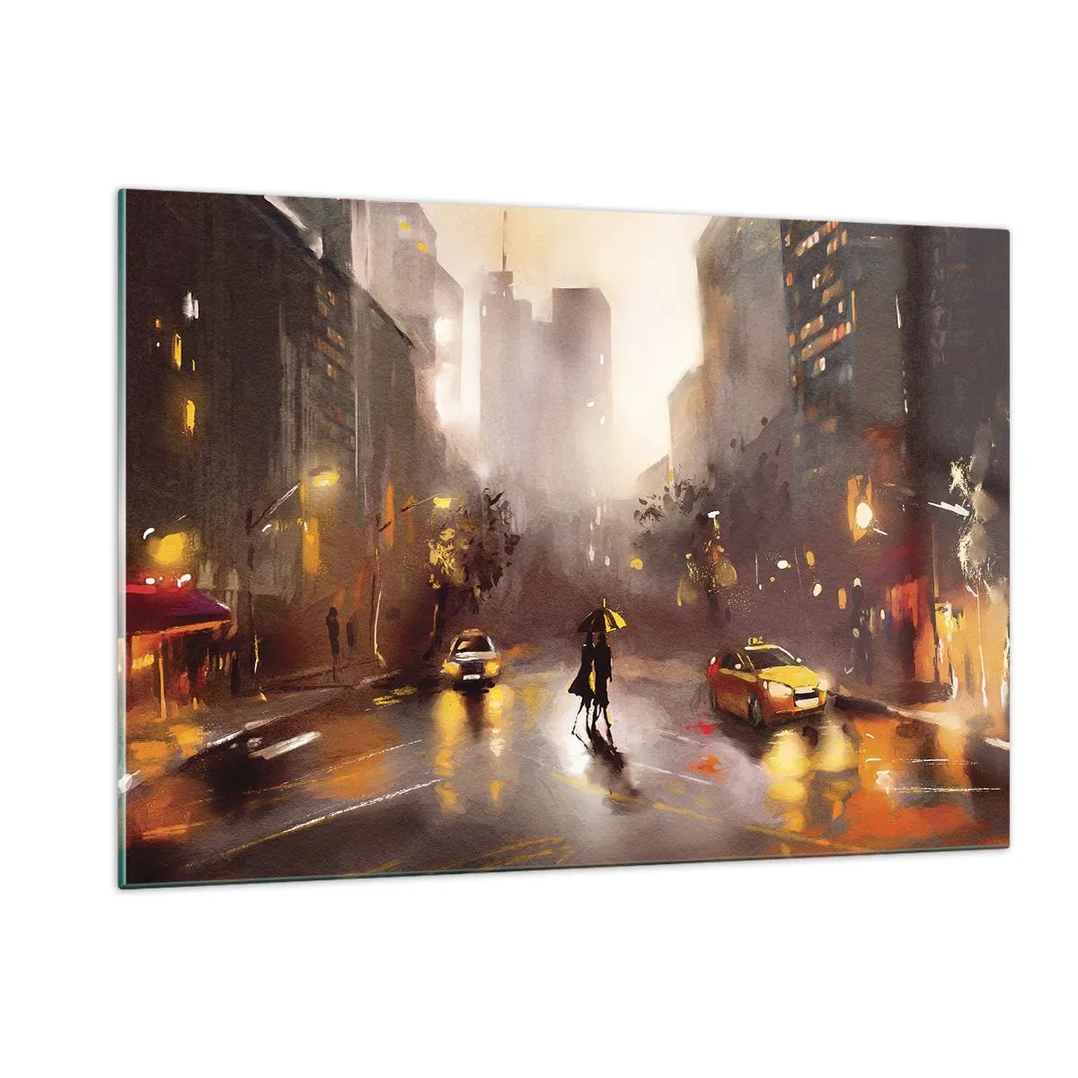 Glasbild - Bild auf glas - Stadt bei Nacht im Regen mit Taxis und der Silhouette eines Paares - 120x80cm - Im Licht von New York - Moderne Wanddekoration für Wohnzimmer und Schlafzimmer ARTTOR