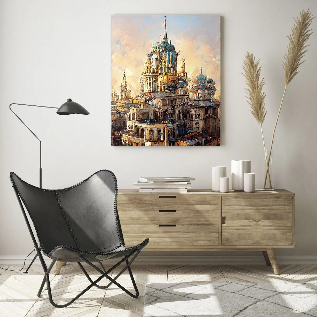 Glasbild - Bild auf glas - Ein fantastisches Panorama der Stadt mit Türmen und Palästen - 50x70cm - Stadt der Städte - Moderne Wanddekoration für Wohnzimmer und Schlafzimmer ARTTOR