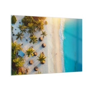 Glasbild - Bild auf glas - Luftaufnahme eines tropischen Strandes mit Palmen und Sonnenschirmen - 70x50cm - Willkommen im Paradies - Moderne Wanddekoration für Wohnzimmer und Schlafzimmer ARTTOR