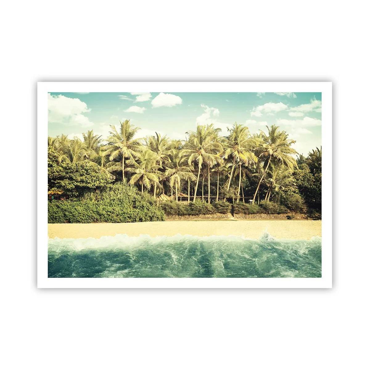 Poster - Tropischer Strand mit Palmen und türkisfarbenem Meer - 100x70cm - Wie wäre es hier? - Moderne Wanddekoration für Wohnzimmer und Schlafzimmer ARTTOR