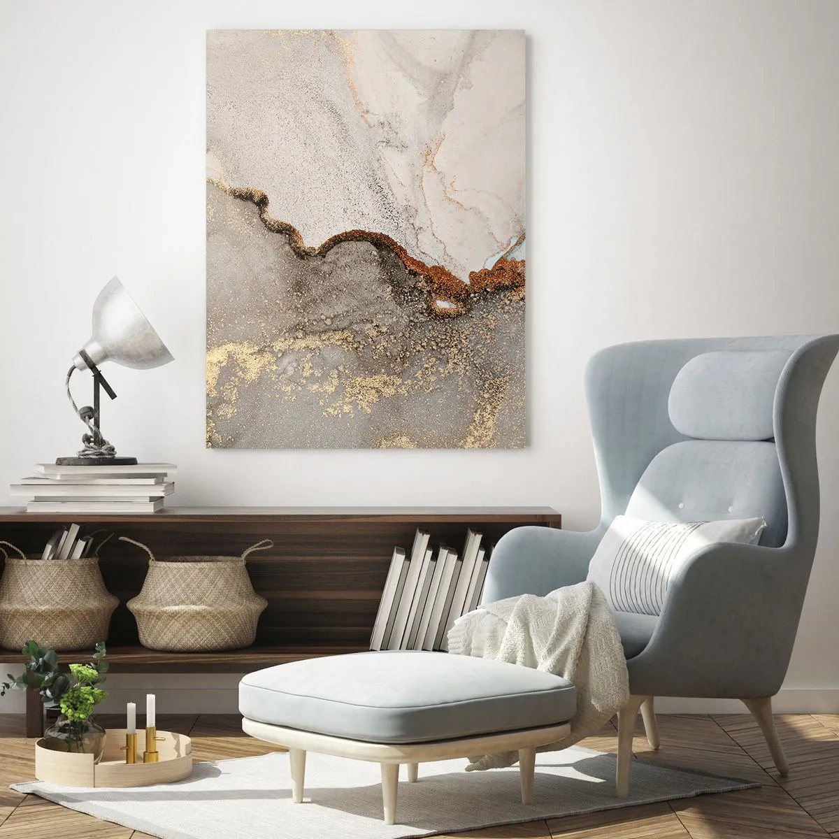 Glasbild - Bild auf glas - Abstrakte Komposition mit Beige, Gold und Graphit - 50x70cm - An der Grenze der Farben - Moderne Wanddekoration für Wohnzimmer und Schlafzimmer ARTTOR