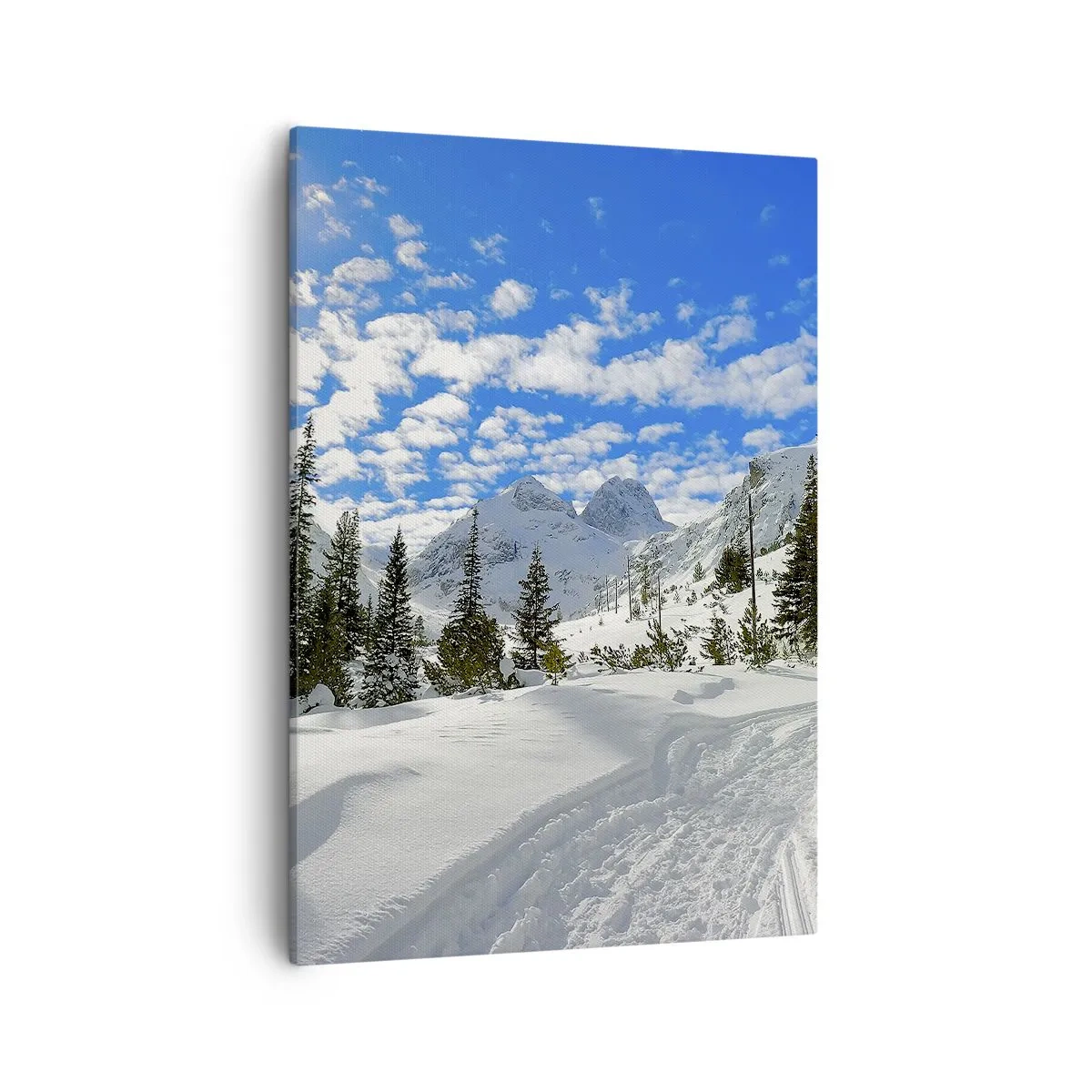 Bild auf Leinwand - Leinwandbild - Winterliche Berglandschaft mit Wald und Weg im Schnee - 50x70cm - Im Schnee und in der Sonne - Moderne Wanddekoration für Wohnzimmer und Schlafzimmer ARTTOR