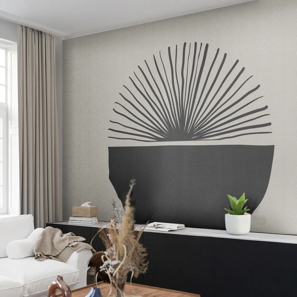 Fototapete Premium Sand - Eine schwarze Abstraktion, die einem Fächer und einem Halbkreis ähnelt - 100x70cm - Eine Reihe von Möglichkeiten - Moderne Wanddekoration für Wohnzimmer und Schlafzimmer ARTTOR