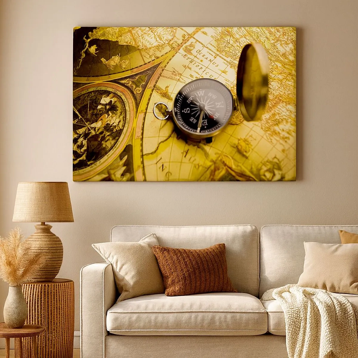 Bild auf Leinwand - Leinwandbild - Ein antiker Kompass vor dem Hintergrund einer alten Weltkarte - 70x50cm - Oder vielleicht bis ans Ende der Welt? - Moderne Wanddekoration für Wohnzimmer und Schlafzimmer ARTTOR