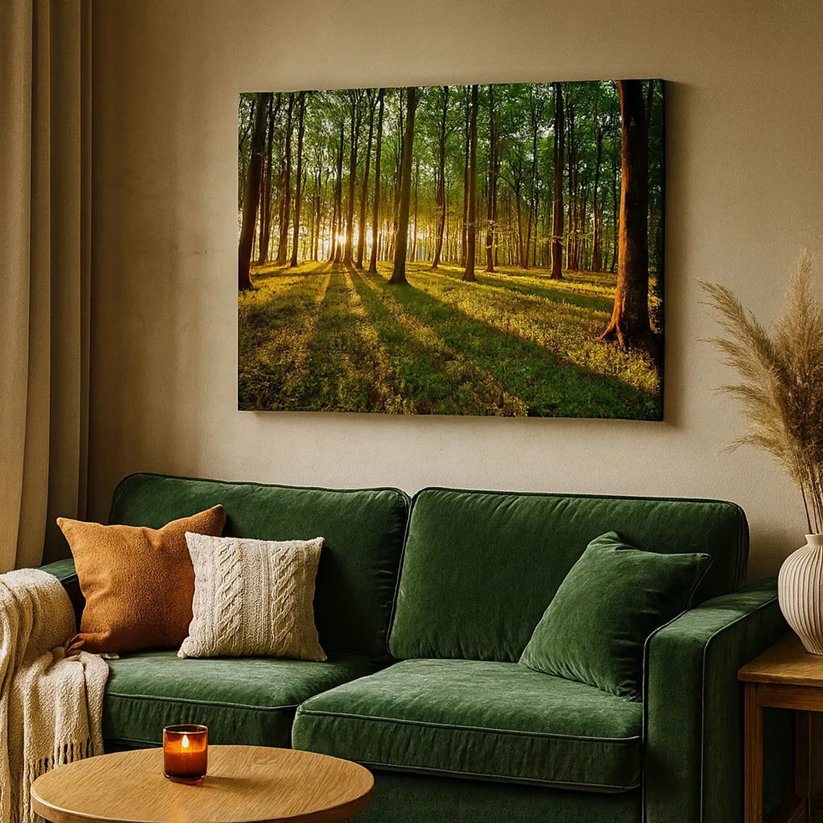 Bild auf Leinwand - Leinwandbild - Die untergehende Sonne im Laubwald - 70x50cm - Alle Frühlingsfotografie - Moderne Wanddekoration für Wohnzimmer und Schlafzimmer ARTTOR
