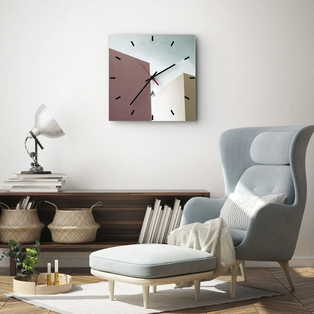 Wanduhr - Glasuhr - Minimalistische Architektur mit pastellfarbenen Blöcken und Himmel - 30x30cm - Geometrie des sonnigen Sommers - Moderne Wanddekoration für Wohnzimmer und Schlafzimmer ARTTOR