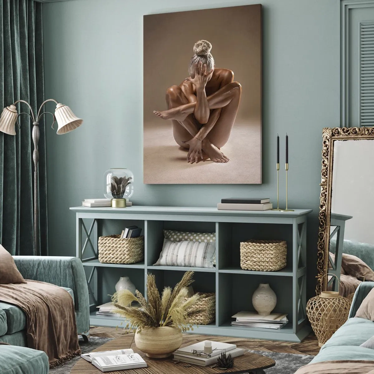 Bild auf Leinwand - Leinwandbild - Künstlerische Silhouette einer Frau auf beigem Hintergrund - 70x100cm - Die Einheit von Körper und Geist - Moderne Wanddekoration für Wohnzimmer und Schlafzimmer ARTTOR