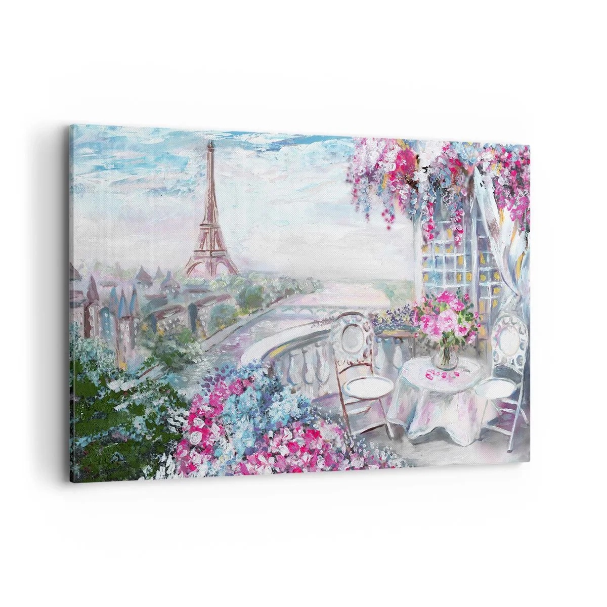 Bild auf Leinwand - Leinwandbild - Ein romantischer Blick auf Paris mit dem Eiffelturm und einem Balkon voller Blumen - 120x80cm - Am schönsten ist es hier im Mai - Moderne Wanddekoration für Wohnzimmer und Schlafzimmer ARTTOR