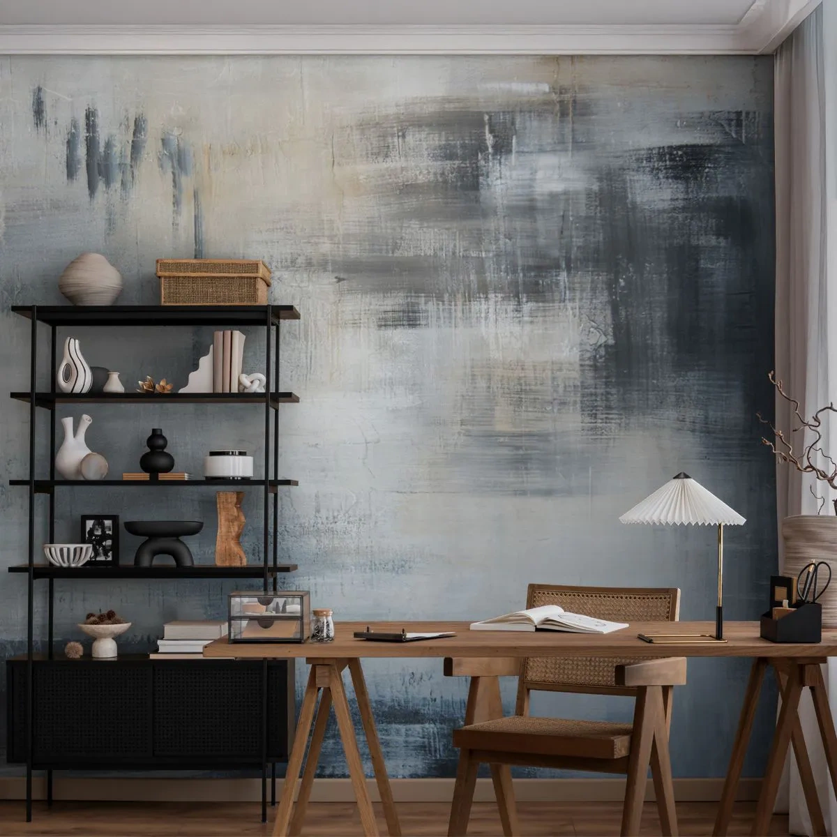 Fototapete Premium Canvas - Abstrakte Komposition in Blau- und Grautönen - 100x70cm - Hinter dem blauen Vorhang - Moderne Wanddekoration für Wohnzimmer und Schlafzimmer ARTTOR