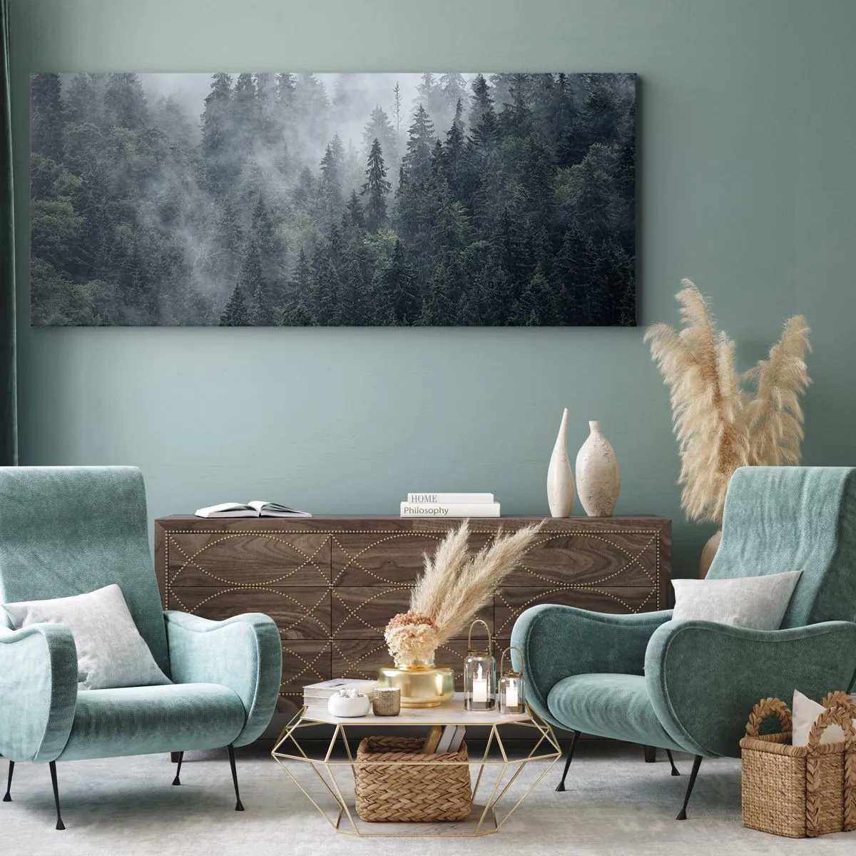 Bild auf Leinwand - Leinwandbild - Nebliger Nadelwald in Grau- und Grüntönen - 140x50cm - Walddämmerung - Moderne Wanddekoration für Wohnzimmer und Schlafzimmer ARTTOR