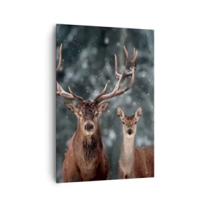 Bild auf Leinwand - Leinwandbild - Hirsche im verschneiten Winterwald - 70x100cm - Herr des Waldes mit seiner Frau - Moderne Wanddekoration für Wohnzimmer und Schlafzimmer ARTTOR