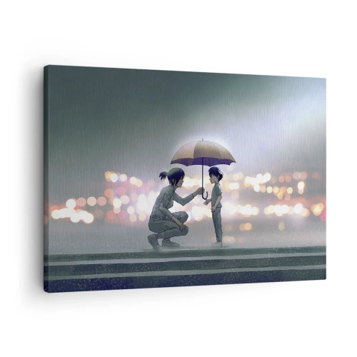 Bild auf Leinwand - Leinwandbild - Eine Figur mit einem Regenschirm schützt ein Kind vor dem Hintergrund nächtlicher Lichter. - 70x50cm - Und jetzt ist alles in Ordnung - Moderne Wanddekoration für Wohnzimmer und Schlafzimmer ARTTOR