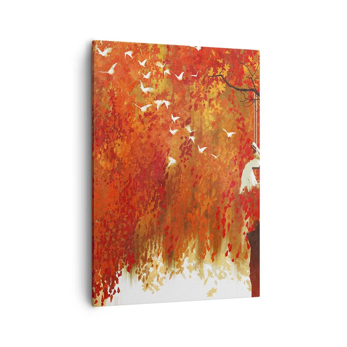 Bild auf Leinwand - Leinwandbild - Eine Figur auf einer Schaukel neben einem Baum, umgeben von roten Blättern - 50x70cm - Wird er mit ihnen fliegen? - Moderne Wanddekoration für Wohnzimmer und Schlafzimmer ARTTOR