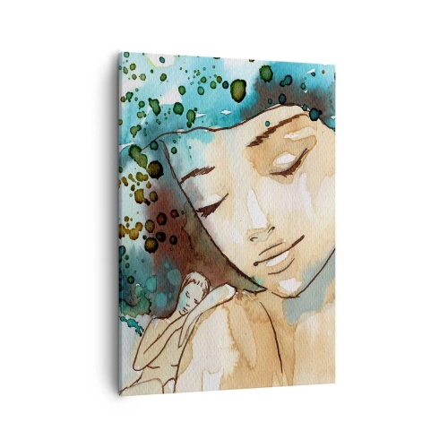 Bild auf Leinwand - Leinwandbild - Porträt einer Frau in zarten Aquarellfarben - 50x70cm - Dame in Blau - Moderne Wanddekoration für Wohnzimmer und Schlafzimmer ARTTOR