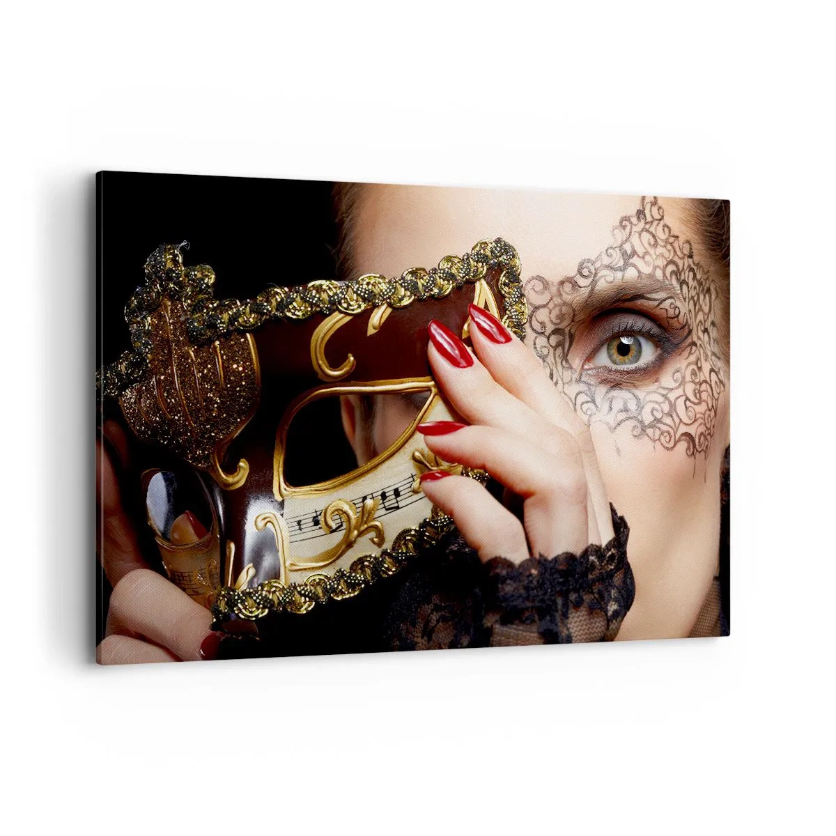 Bild auf Leinwand - Leinwandbild - Eine Frau trägt eine mit Gold und Spitze verzierte venezianische Maske. - 120x80cm - Meine Welt ist barock - Moderne Wanddekoration für Wohnzimmer und Schlafzimmer ARTTOR