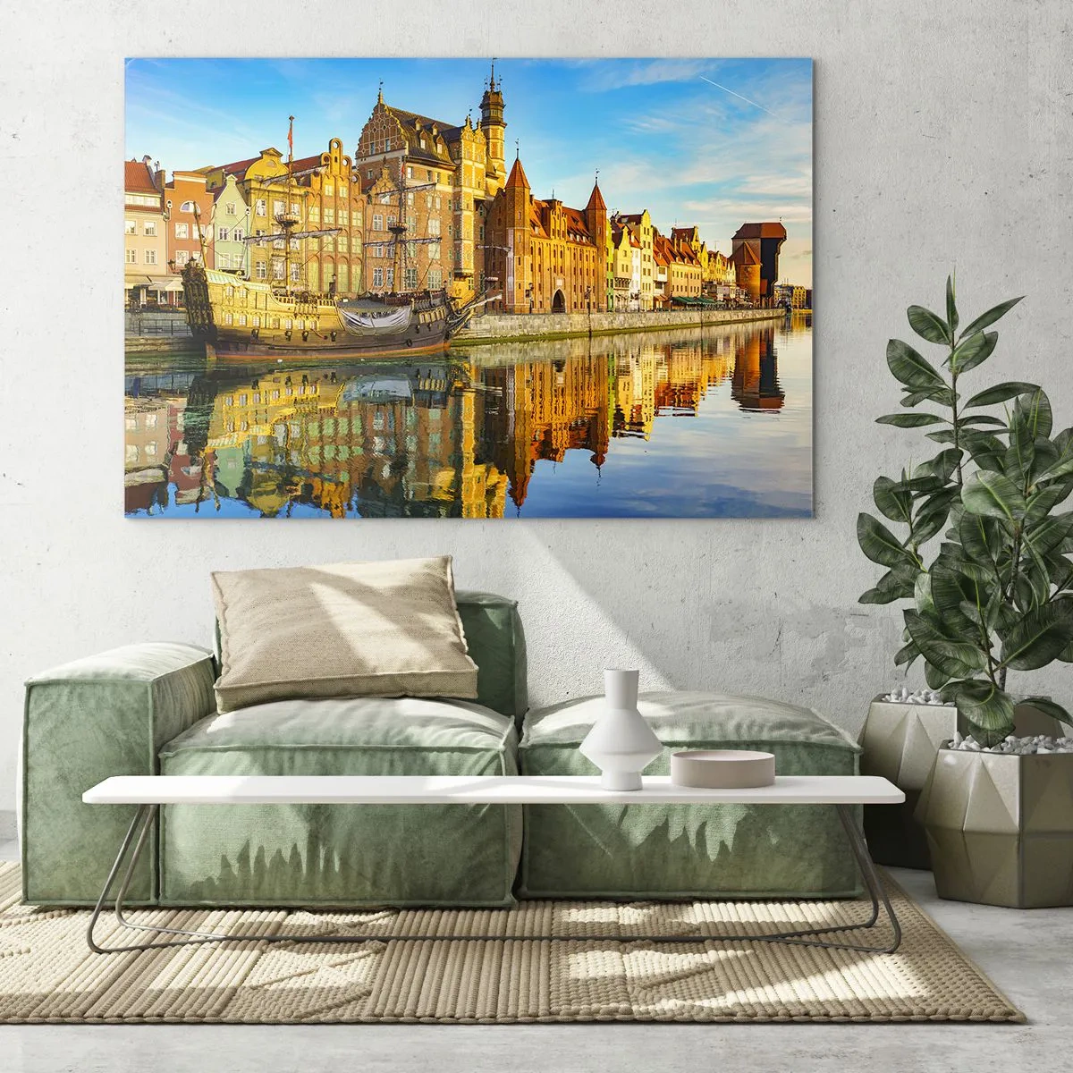 Glasbild - Bild auf glas - Danziger Altstadt mit Spiegelung im Wasser - 70x50cm - Ein Spiegelbild der Vergangenheit - Moderne Wanddekoration für Wohnzimmer und Schlafzimmer ARTTOR