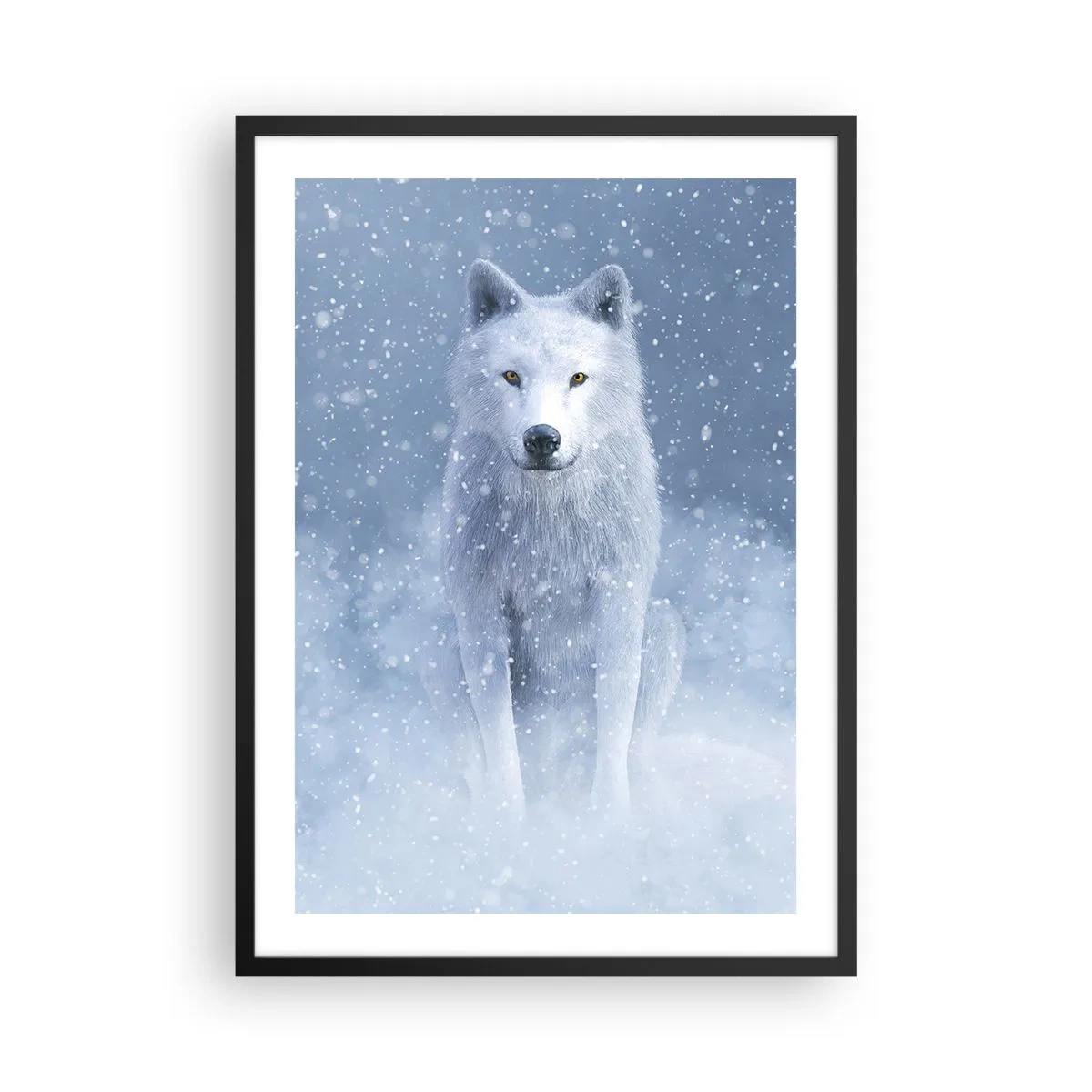Poster in einem schwarzem Rahmen - Ein weißer Wolf in einer Winterlandschaft, umgeben von Schnee. - 50x70cm - In Winterstimmung - Moderne Wanddekoration für Wohnzimmer und Schlafzimmer ARTTOR