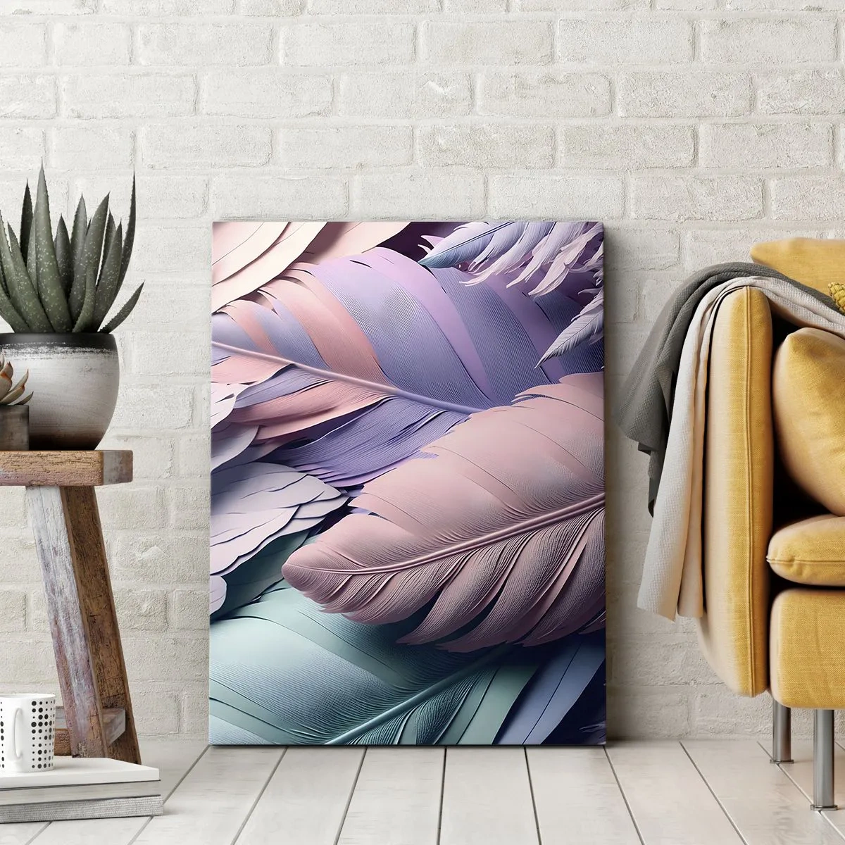 Bild auf Leinwand - Leinwandbild - Bunte Federn in Pastelltönen auf hellem Hintergrund - 50x70cm - Vogel-Chic - Moderne Wanddekoration für Wohnzimmer und Schlafzimmer ARTTOR