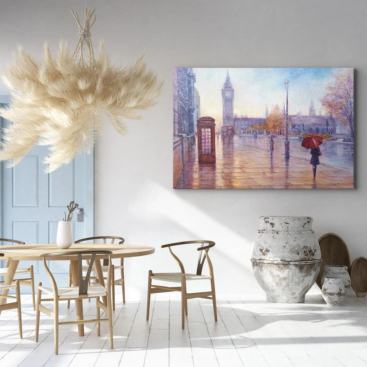 Bild auf Leinwand - Leinwandbild - Londoner Straße mit Big Ben an einem regnerischen Tag - 70x50cm - Londoner Herbsttag - Moderne Wanddekoration für Wohnzimmer und Schlafzimmer ARTTOR