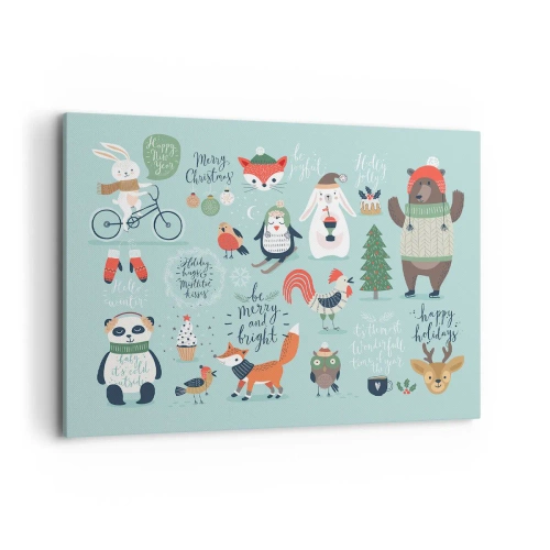 Bild auf Leinwand - Leinwandbild - Weihnachtsillustration von Tieren in winterlicher Atmosphäre - 100x70cm - Möge es immer Weihnachten sein! - Moderne Wanddekoration für Wohnzimmer und Schlafzimmer ARTTOR