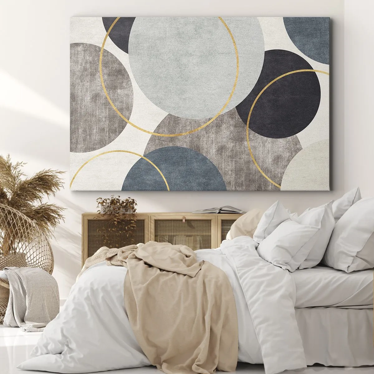 Bild auf Leinwand - Leinwandbild - Geometrische Kreise in Grau-, Blau- und Goldtönen - 100x70cm - Rad für Rad - Moderne Wanddekoration für Wohnzimmer und Schlafzimmer ARTTOR