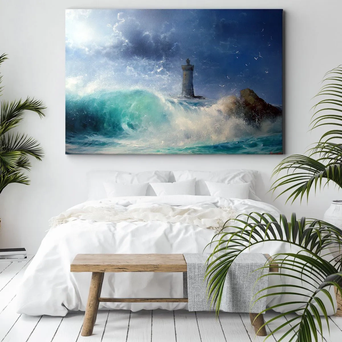 Bild auf Leinwand - Leinwandbild - Ein Leuchtturm, umgeben von rauen Wellen und Wolken - 120x80cm - Auf der Hut vor den Elementen - Moderne Wanddekoration für Wohnzimmer und Schlafzimmer ARTTOR