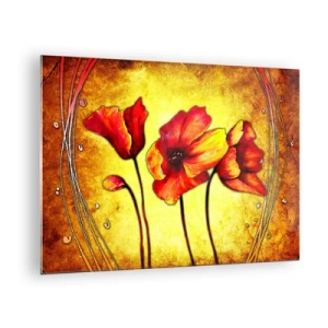 Glasbild - Bild auf glas - Rote Mohnblumen vor einem Hintergrund aus goldenen Farbtönen mit künstlerischen Details - 70x50cm - In Jugendstil-Dekorationen - Moderne Wanddekoration für Wohnzimmer und Schlafzimmer ARTTOR